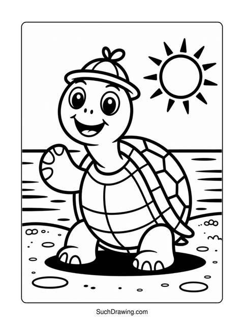 A smiling cartoon turtle wearing a hat, with a sun in the background