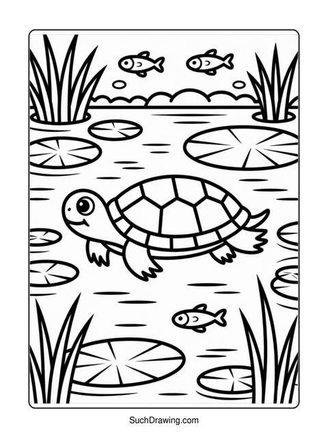 A coloring page of a turtle swimming in a pond with fish