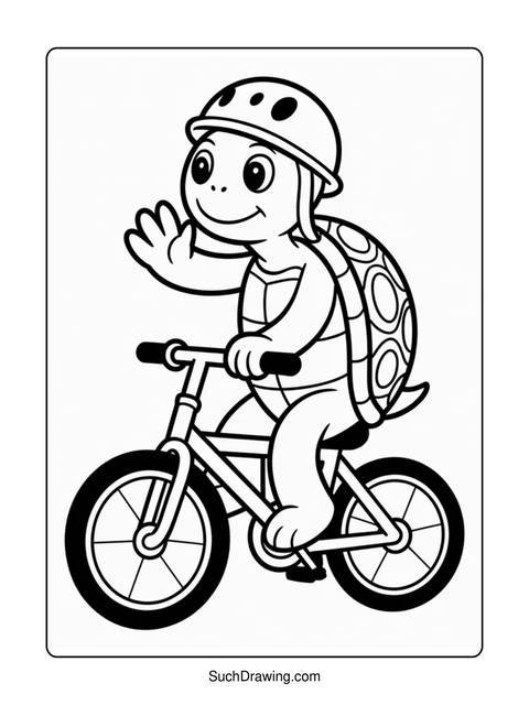 A cartoon turtle wearing a helmet rides a bicycle, waving hello
