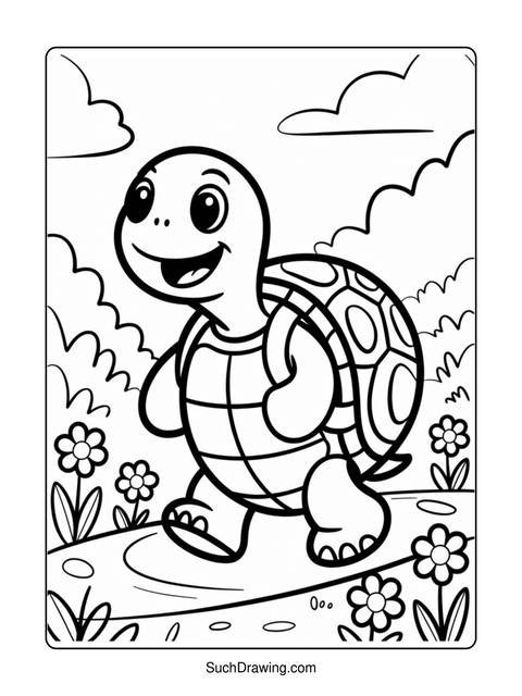 A smiling cartoon turtle walking on a path with flowers and clouds