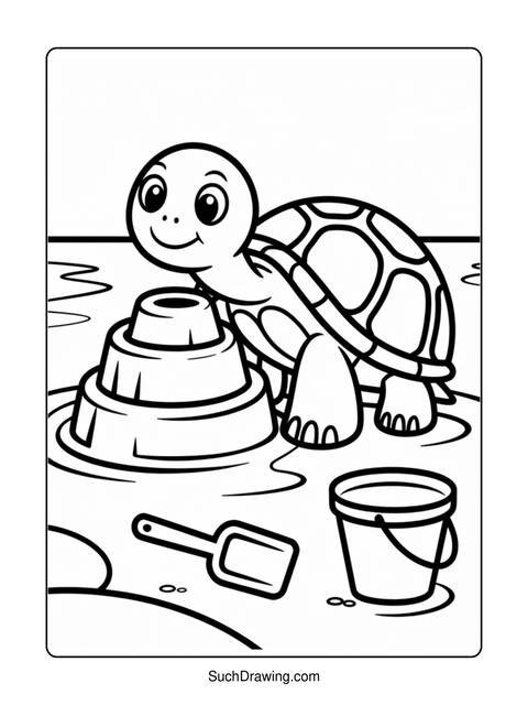 A friendly cartoon turtle near a sandcastle, bucket, and shovel