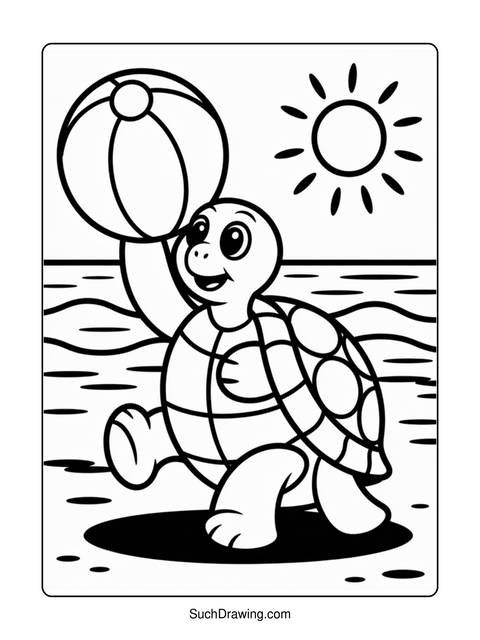 A cartoon turtle holding a beach ball under the sun on the beach