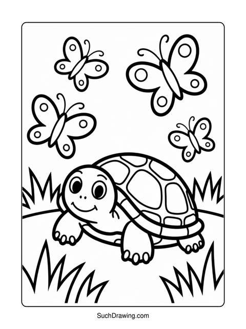 Black and white coloring page of a turtle with butterflies and grass