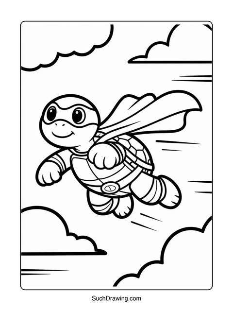 A superhero turtle with a cape flying through the sky among clouds