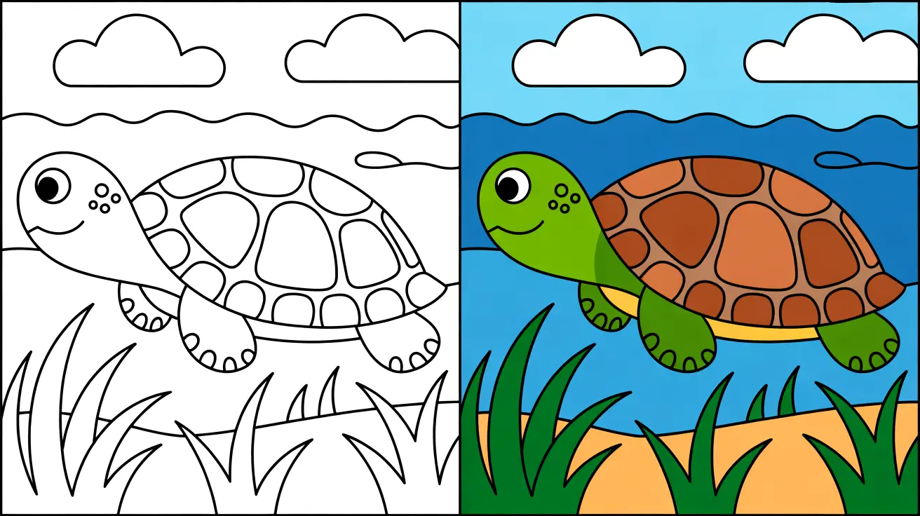Two-panel image of a turtle coloring page, one colored, one outlined