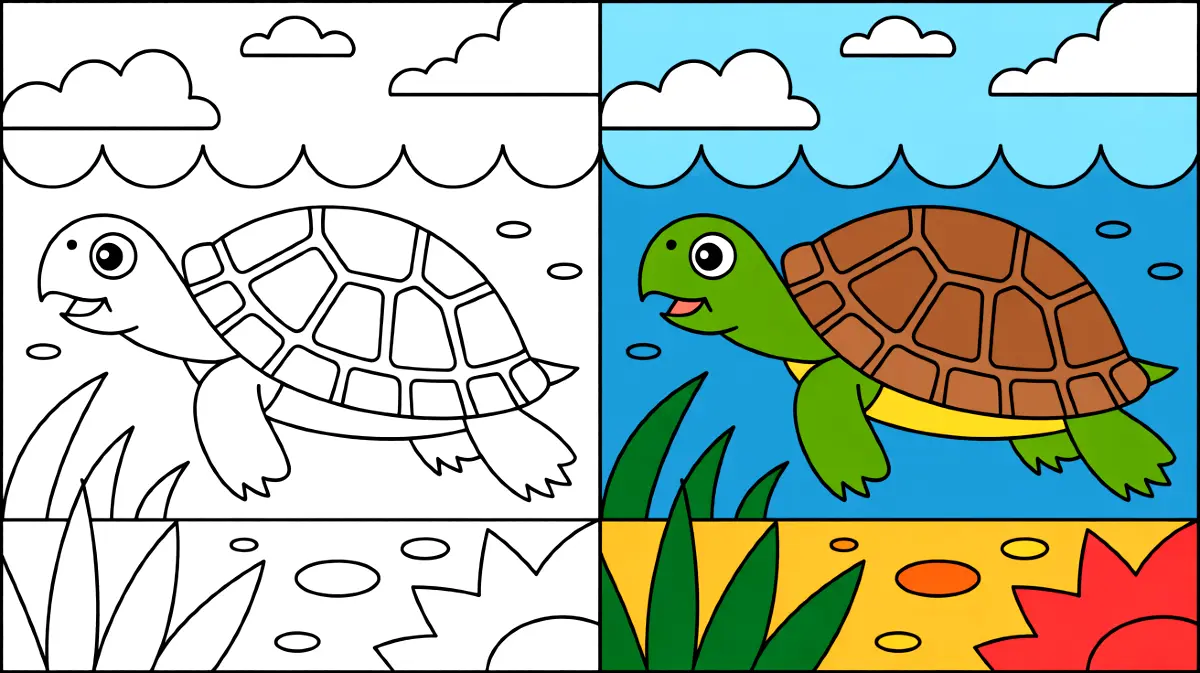 Coloring page of a friendly turtle swimming in the ocean, part colored