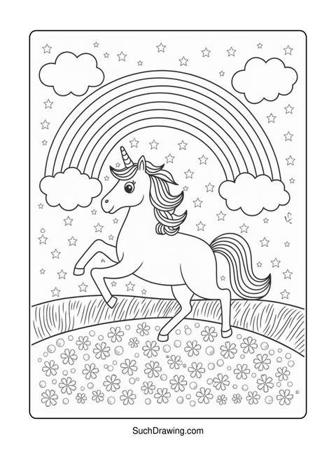 A coloring page of a unicorn, rainbow, clouds, and stars