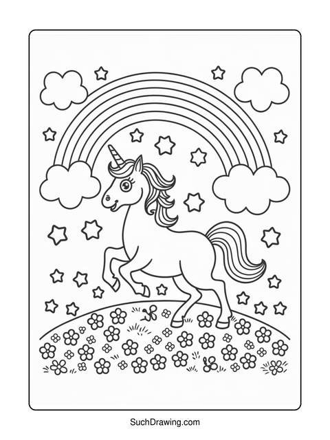 A unicorn with rainbow and stars coloring page, ready for coloring