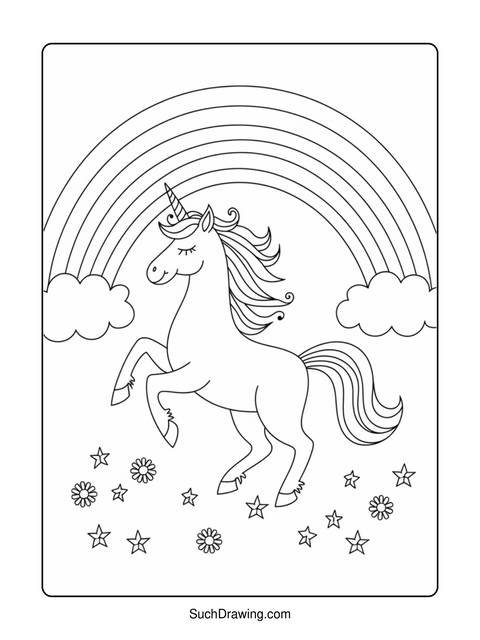 Line drawing of a unicorn prancing under a rainbow with stars and flowers