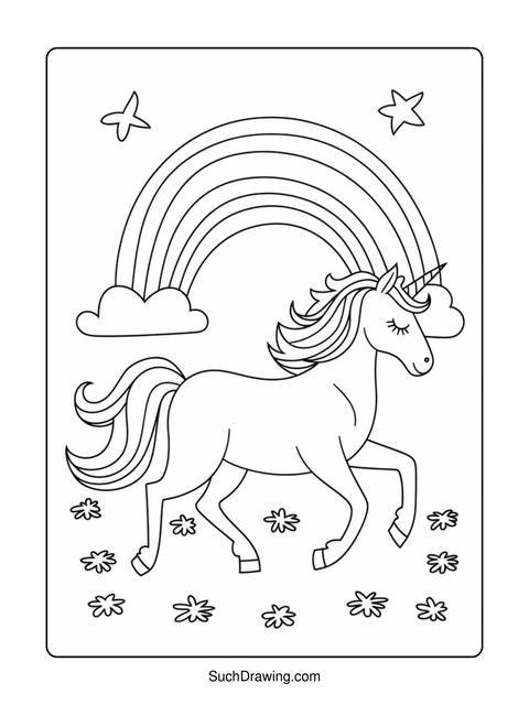 A black and white line drawing of a unicorn with a rainbow