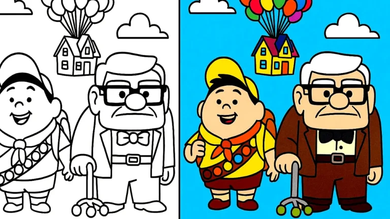 Up coloring pages: cartoon characters carl and russell with house and balloons