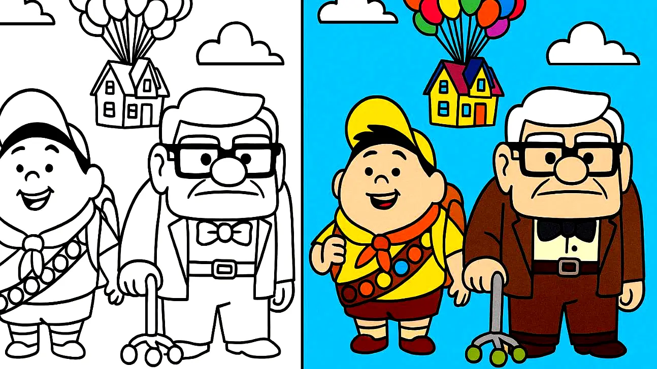 Up coloring pages: cartoon characters carl and russell with house and balloons
