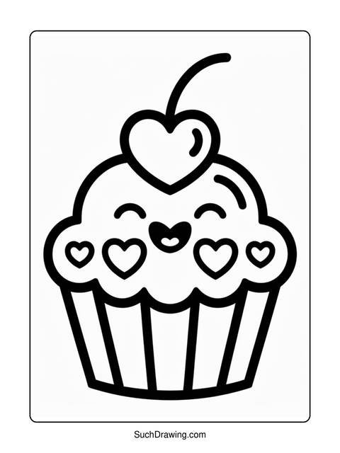 A black and white cupcake coloring page with heart decorations and a cherry