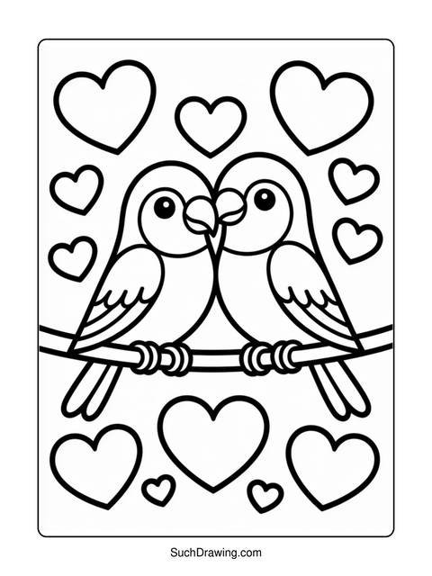 Two birds perched on a branch, surrounded by hearts, ready for coloring