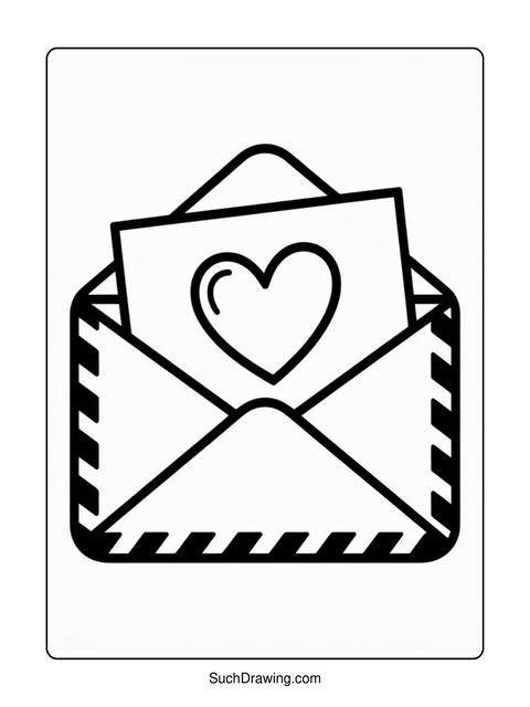 Black and white line drawing of an envelope with a heart on a card