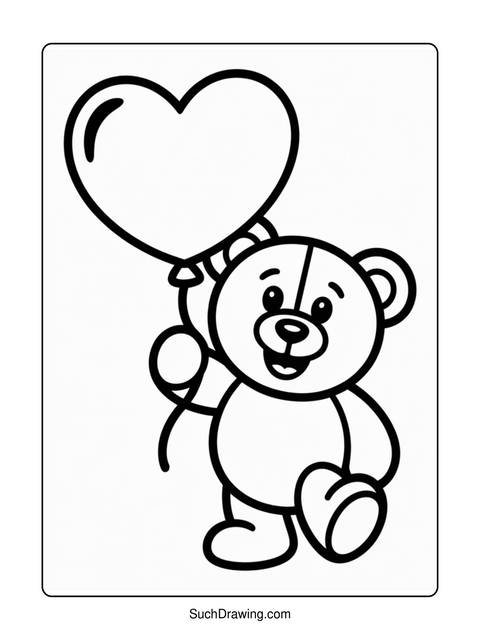 A teddy bear holding a heart-shaped balloon; a coloring page