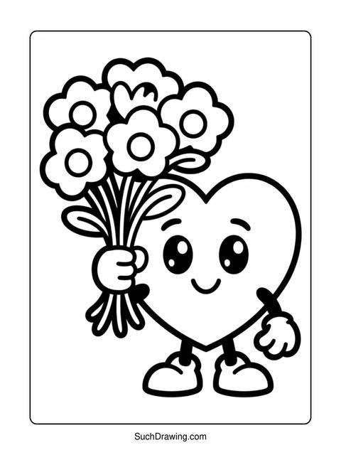 A heart character holding a bouquet of flowers, black and white coloring page