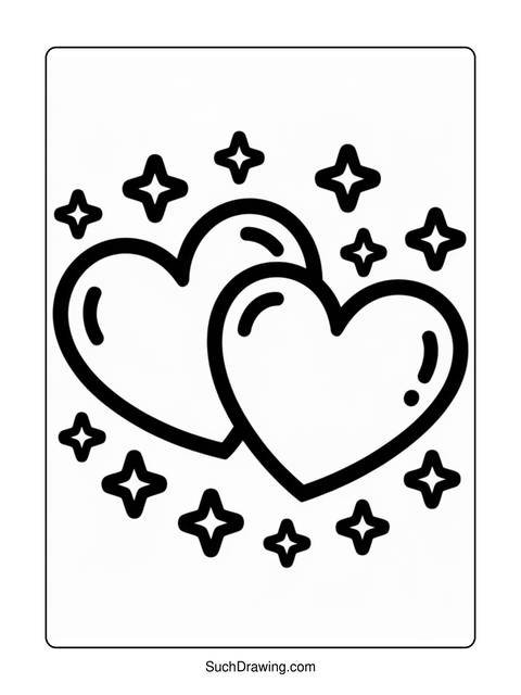 Black and white coloring page of two hearts and star shapes