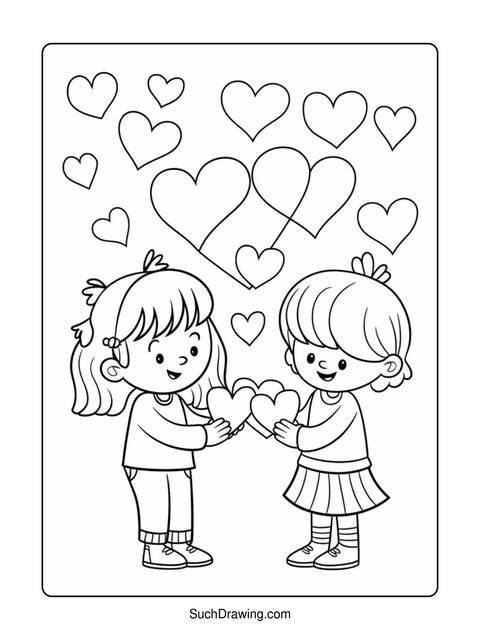 Two children holding hearts surrounded by heart-shaped balloons; coloring page