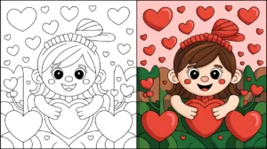 Valentine's day coloring page featuring a girl holding a heart with heart decorations