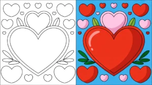 Valentines coloring page featuring hearts, with a filled and outline side-by-side