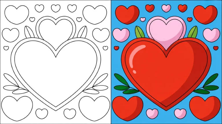 Valentines coloring page featuring hearts, with a filled and outline side-by-side
