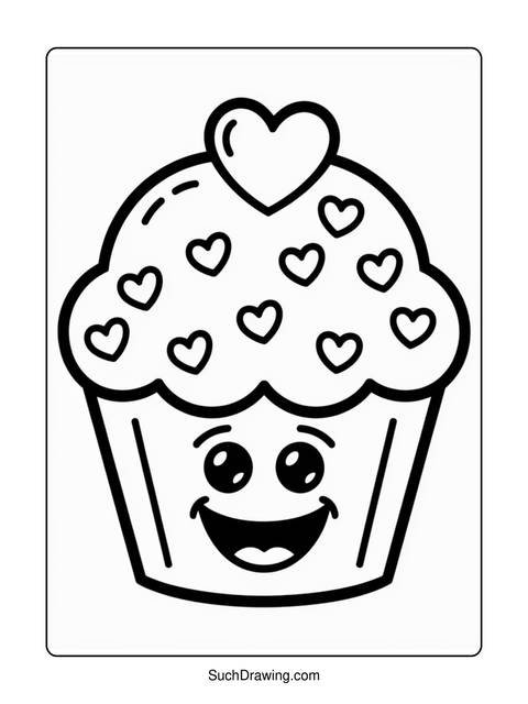 A happy cupcake with heart decorations, perfect for coloring activities