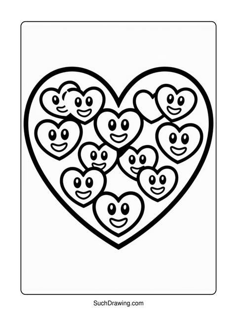A black and white coloring page of hearts with smiling faces