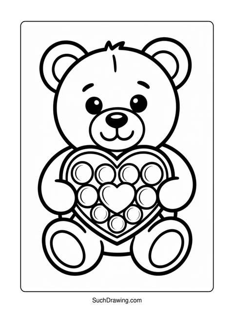 Line drawing of a teddy bear holding a heart-shaped object
