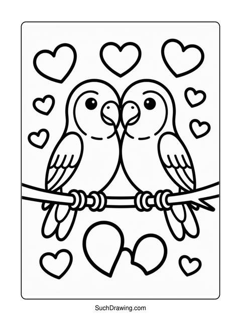 Two birds in love on a branch, surrounded by hearts for valentine's day