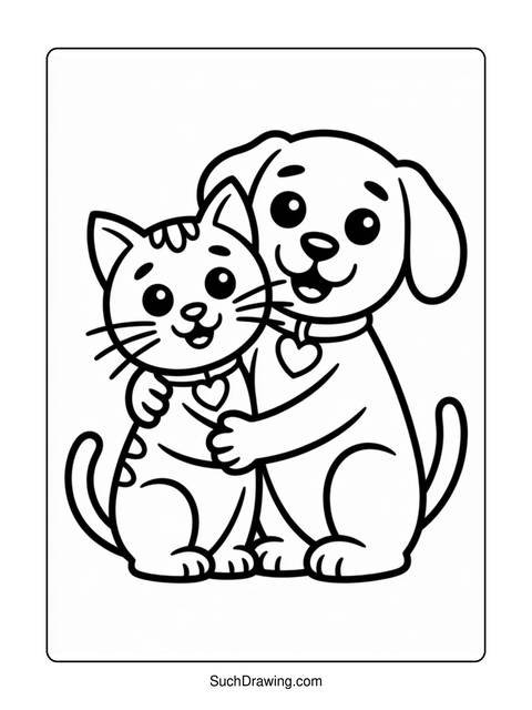 A coloring page featuring a cat and a dog hugging each other