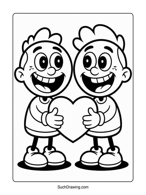 Two smiling cartoon figures holding a heart-shaped object, coloring page