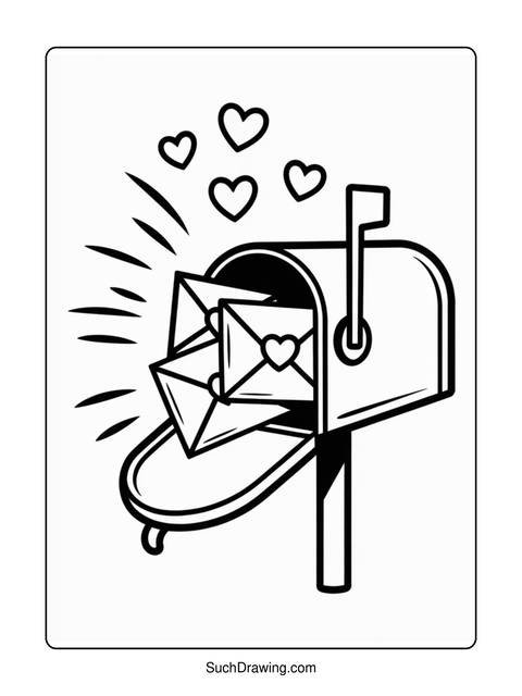 Black and white illustration of a mailbox with envelopes and hearts