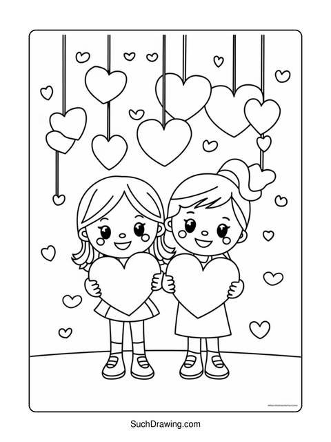 Two girls holding hearts with hanging hearts and small hearts around them