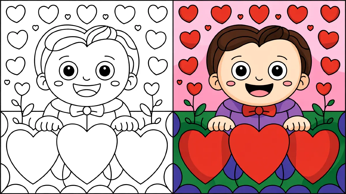 Valentines day coloring page with a smiling boy holding heart-shaped balloons