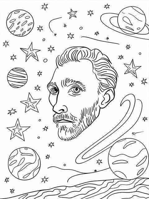 Line art of van gogh's portrait with stars and planets, a space-themed coloring page