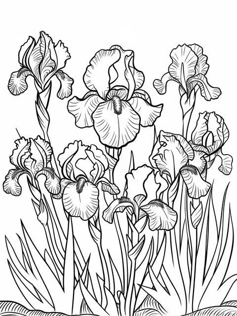 Line drawing of irises, reminiscent of van gogh's 'field of irises' painting