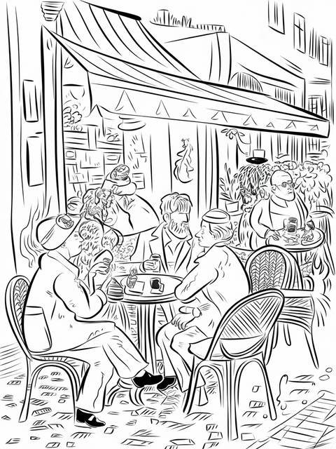 Black and white coloring page of van gogh's 'night cafe' scene with people