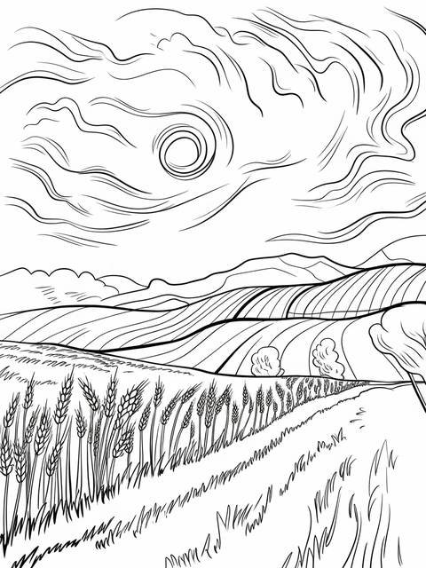 Line art of a serene landscape inspired by van gogh, fields and sky