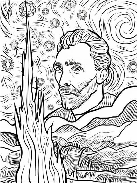 Line art coloring page of van gogh, starry sky, and a stylized landscape