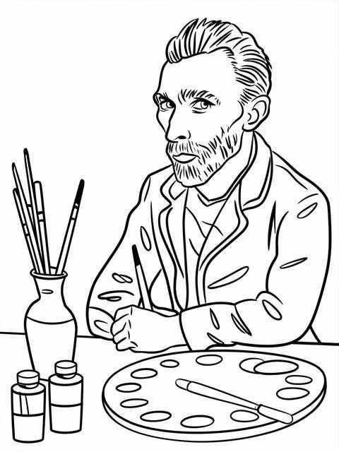 Line drawing of van gogh with a paint palette and brushes on a table