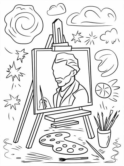 Line art of van gogh's easel, palettes, and a portrait of the artist
