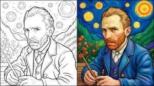 Van gogh coloring page: a split image, colored and black and white portraits