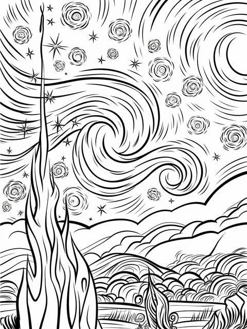 Line art of van gogh's starry night, featuring swirling sky and landscape