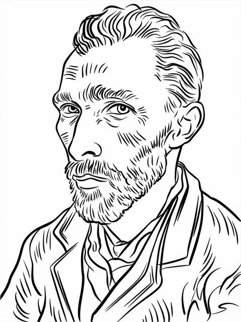Line drawing of vincent van gogh's self-portrait, featuring beard and intense gaze