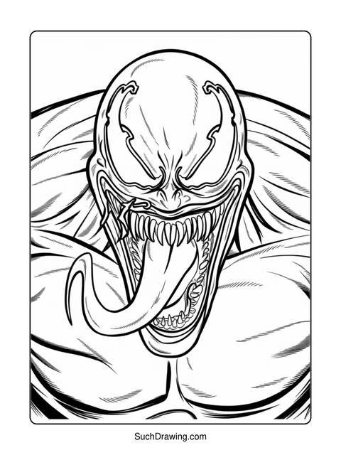 A black and white coloring page of venom, the marvel comics character