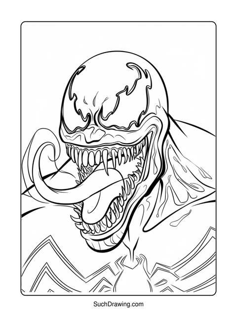 Black and white coloring page of the venom character with sharp teeth