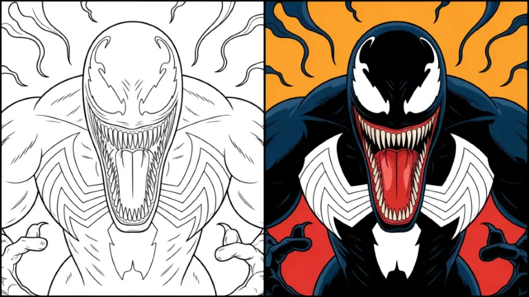 Venom coloring page: a menacing symbiote with sharp teeth and long tongue
