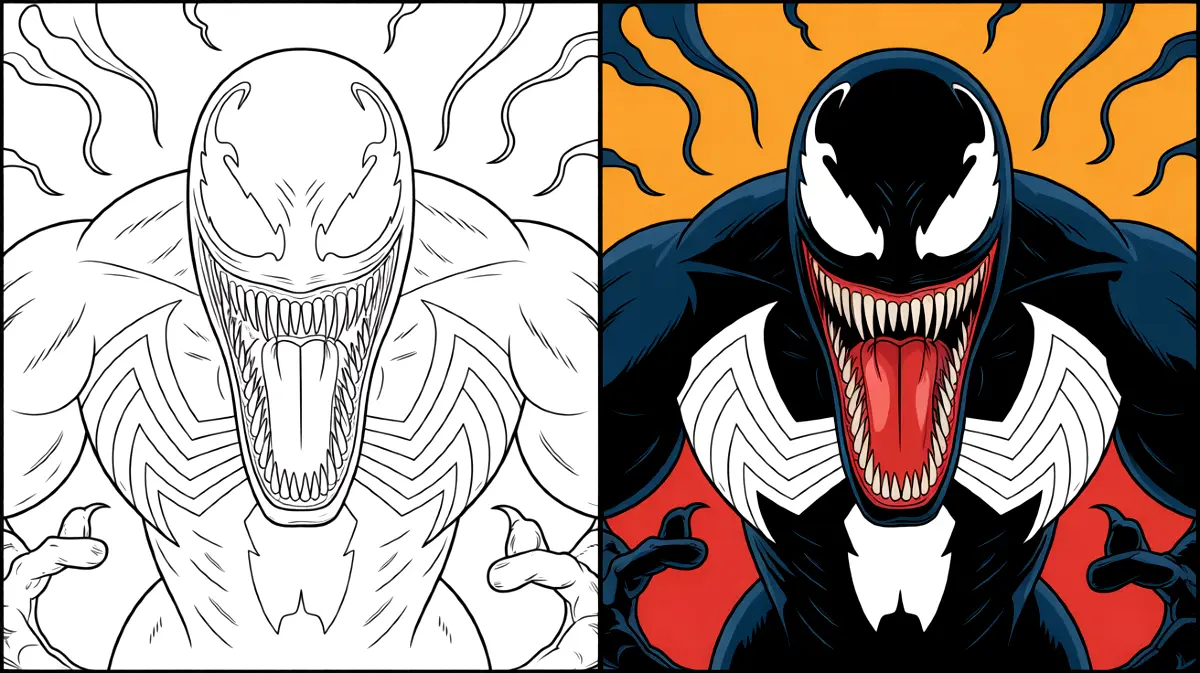 Venom coloring page: a menacing symbiote with sharp teeth and long tongue