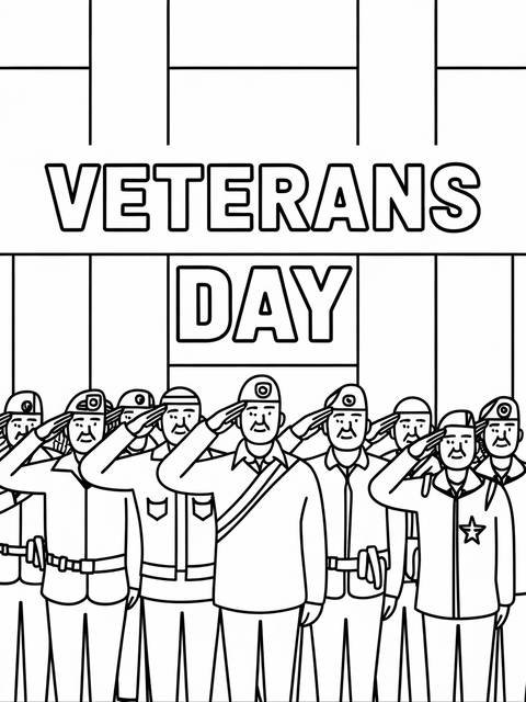 Veterans day coloring page featuring diverse veterans saluting in unison